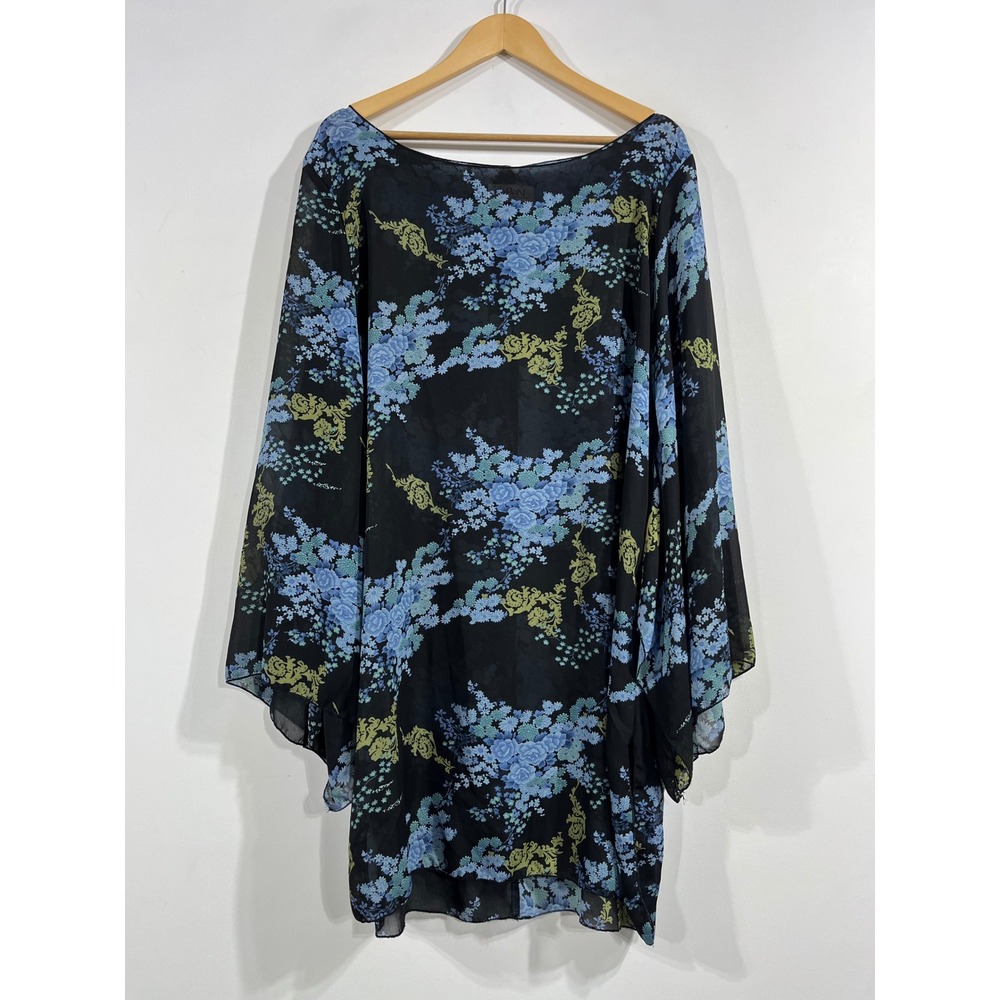 Caran VTG Whimsigoth Fairy Grunge Dark Floral Sheer Balloon Sleeve Top 2X